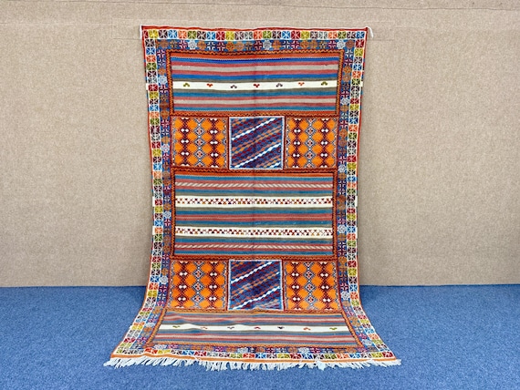 Berber Glaoui Rug 5x9 ft – Handwoven Moroccan Carpet – Natural Wool Rug  – Moroccan Flat weave with Embroidery –Tribal Style – Free Shipping
