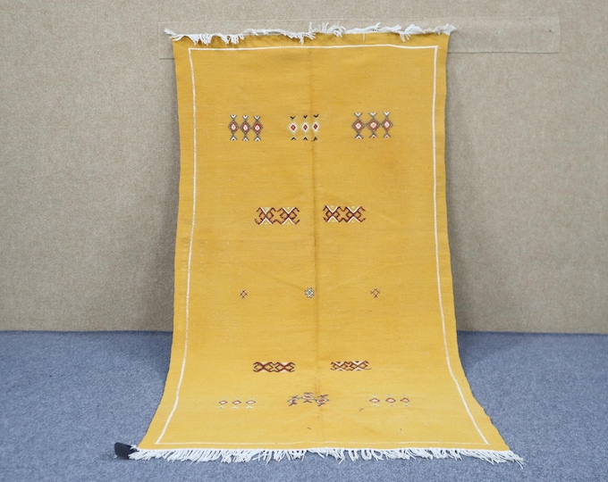 Vibrant Moroccan Akhnif Rug 3x6 - Yellow Handwoven Rug - Berber Rug For Living Room - Flat weave Moroccan Rug - Wool Area Rug - Boho Decor