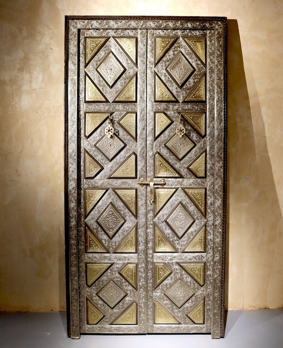 Unique Moroccan door - handcrafted door 43x86in - copper door - silver door - wood door - berber door - boho door - vintage Morocco door