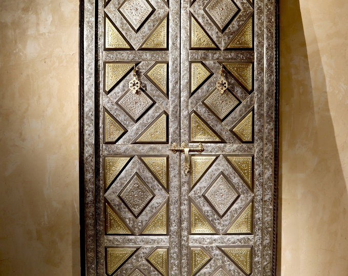 moroccan door knocker, berber door, cedar door, - handcrafted door 43x86in - copper door - silver door - wood door - berber door -