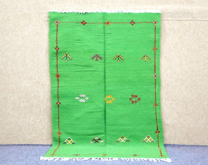 Vibrant Green Moroccan Rug 3x5 - Akhnif Handwoven Rug - Small Flat Weave Rug - Natural Wool Area Rug - Tribal Boho Rug