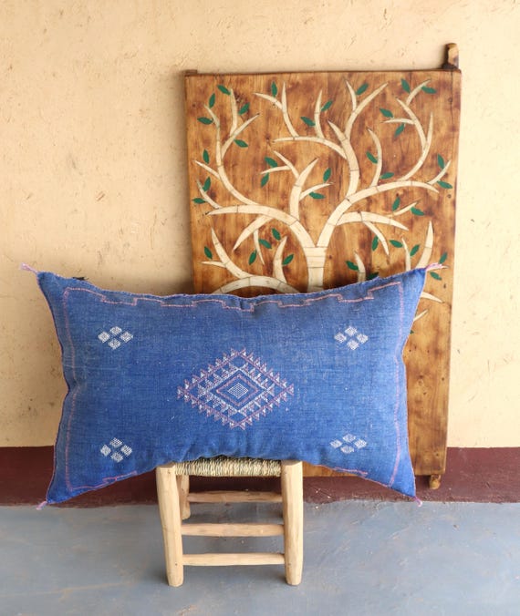 Blue Soft Pillow Cover-18x35 Handmade Cactus Silk Pillow-Moroccan Traditional Sabra Pillow-Silk Pillowcase