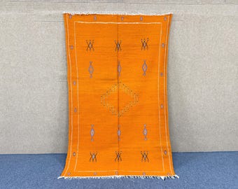 Orange Moroccan Flat weave Rug | 7.6 x 5 ft Kilim | Handmade Berber Rug |Large Wool Area Rug| Boho Moroccan Home Decor| Free Shipping