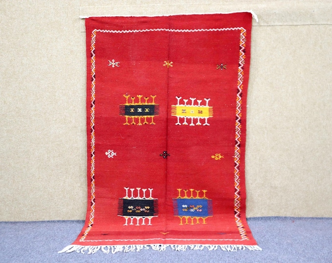 Authentic Moroccan Rug 3x5 - Handwoven Akhnif Rug - Red Berber Rug - Small Flat Weave Rug - Tribal Boho Rug