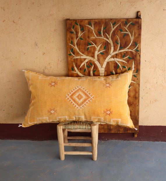 Vibrant Yellow Moroccan Cactus Silk Pillow Cover - Handmade 18x35 Kilim Pillow for Halloween Decor