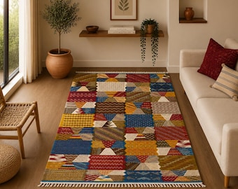 Authentic Akhnif Picasso Rug 5x9 ft  – Moroccan Handwoven Flatweave – Wool Berber Art Piece  – Bohemian Living Room Carpet– Boho Home Decor