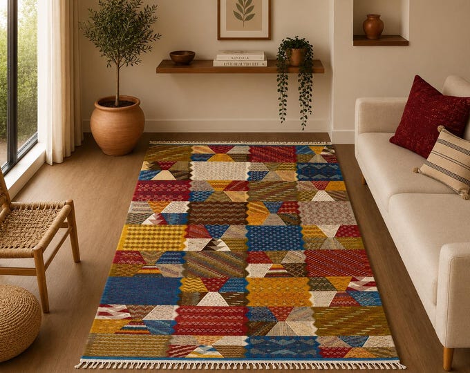 Authentic Akhnif Picasso Rug 5x9 ft  – Moroccan Handwoven Flatweave – Wool Berber Art Piece  – Bohemian Living Room Carpet– Boho Home Decor
