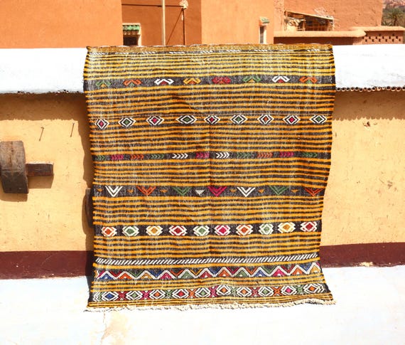 BRIGHT YELLOW MOROCCAN Rug - 4x6 rug - Authentic Cactus Silk Flat Weave Kilim