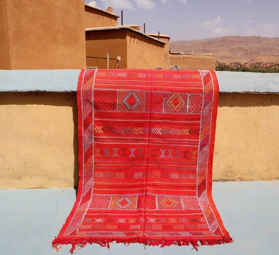 Minimalist Red cactus silk moroccan rug, 5x8 rug, sabra rug, berber decor handmade agave silk rug