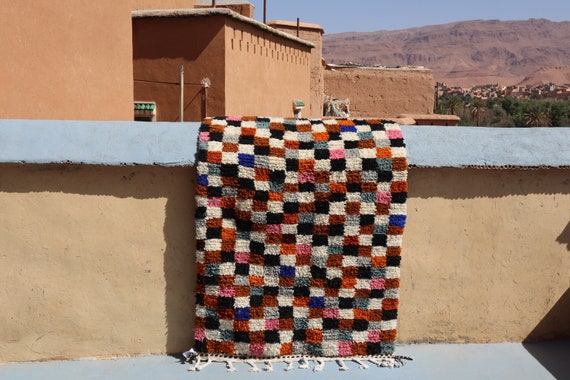 Handmade Colorful Berber Rug - 4x5 rug - Checkered Beni Ourain Moroccan Wool Rug - Colorful Bohemian Rug