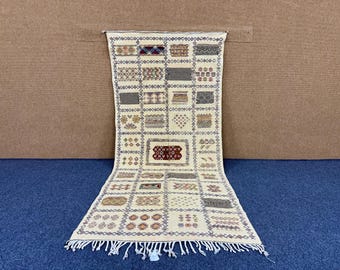 Geometric Kilim Rug 3x7 ft – Moroccan Flatweave Wool Carpet – Living Room Kilim Rug – Boho Berber Carpet – Natural Moroccan Rug