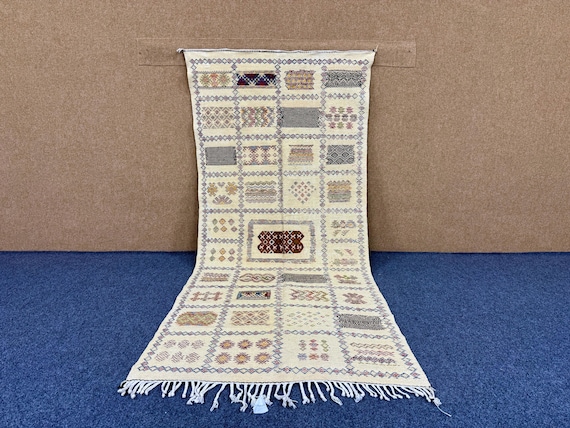 Geometric Kilim Rug 3x7 ft – Moroccan Flatweave Wool Carpet – Living Room Kilim Rug – Boho Berber Carpet – Natural Moroccan Rug