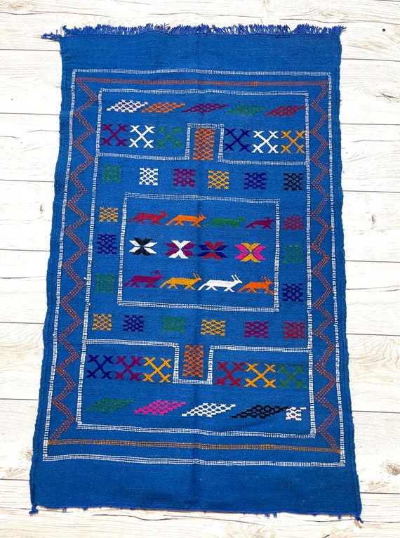 Minimalist Blue Moroccan area rug Berber Carpet Handmade - 5.1 x 3.3 Feet