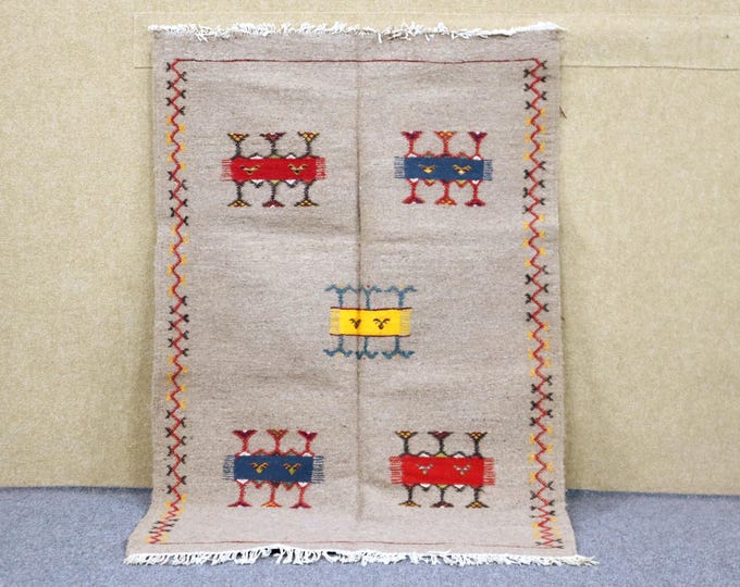 Vibrant Gray Moroccan Rug 3x5 - Handwoven Akhnif Rug - Berber Rug For Living Room - Natural Wool Rug - Flat Weave Akhnif Rug