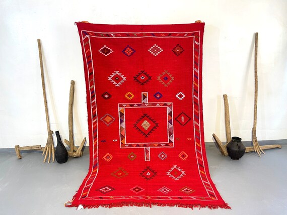 Red Moroccan rug - 5x8 rug - Red vintage rug - Flatweave rug - Red kilim rug - Moroccan area rug - 5,08 x 8,03 feet