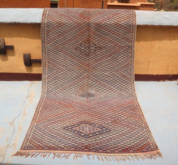Vintage Moroccan Wool Kilim: Unique 19th Century Rug with Rich History, Ideal for Stylish Living Spaces - 5x12 ft