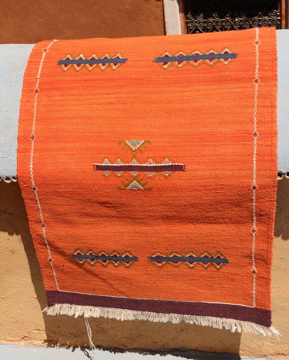Vibrant Moroccan Berber Rug - Handmade Orange 2x3 Flat Weave Statement Piece
