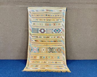 Lightweight Moroccan Yellow Cactus Silk Rug 5x8 ft – Handmade Berber Flatweave Area Carpet | Free Shipping