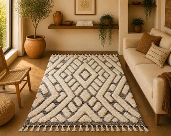 Moroccan Rug 5x8 ft – Beni Ourain Wool Carpet | Neutral Berber Decor | Soft & Handmade l Cream And Black Tribal Design Rug