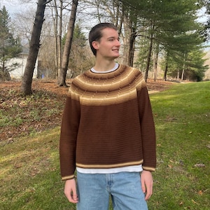 May include: A brown sweater with a striped yoke in shades of tan and cream. The sweater has long sleeves and a ribbed texture. The person is wearing a white t-shirt underneath and blue jeans.