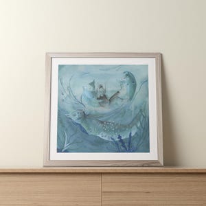 Ilustração em aquarela da vida marinha das mulheres sereias, ideal para presente de Dia das Mães.