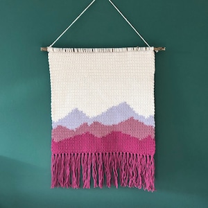 May include: A crocheted wall hanging with a pink, purple, and white mountain design. The hanging has a fringe border.