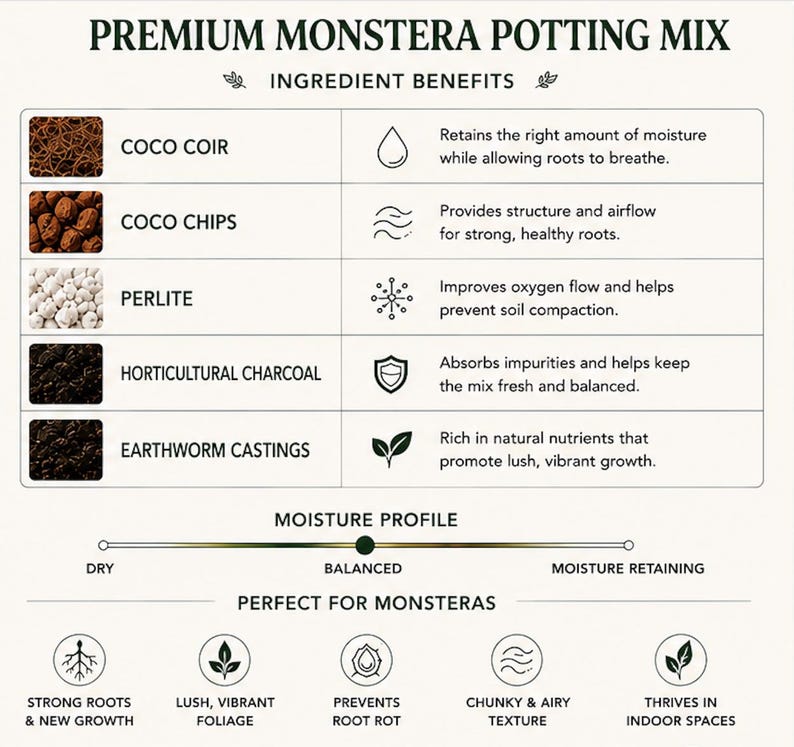 May include: An informational chart titled PREMIUM MONSTERA POTTING MIX detailing ingredients like coco coir, coco chips, perlite, horticultural charcoal, and earthworm castings. It includes a moisture profile scale and icons for plant benefits.
