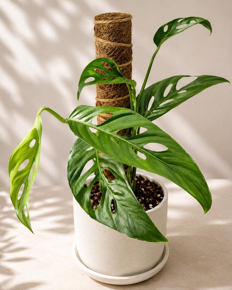 May include: A Monstera adansonii plant with vibrant green, fenestrated leaves growing upward along a brown cylindrical coir moss pole. The plant is potted in a solid, light-colored ceramic pot with a matching saucer, displaying dark soil.