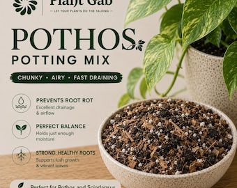 May include: A bowl of chunky, airy, fast-draining Pothos potting mix with dark soil, wood chips, and white perlite. Text reads: Plant Gab, Pothos Potting Mix, Chunky, Airy, Fast Draining, Prevents Root Rot, Perfect Balance, Strong, Healthy Roots.