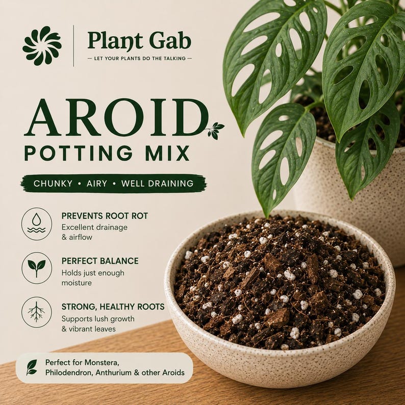 May include: A bowl of dark brown chunky aroid potting mix with white perlite, next to a green Monstera plant. Text reads: Plant Gab, AROID POTTING MIX, CHUNKY AIRY WELL DRAINING, PREVENTS ROOT ROT, PERFECT BALANCE, STRONG, HEALTHY ROOTS.