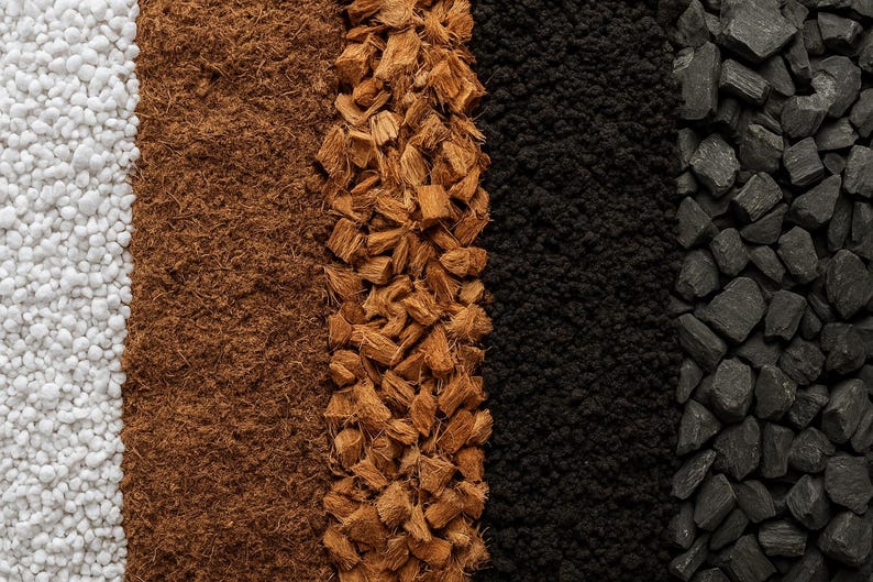 Pu&ograve; includere: Cinque strisce verticali di materiali per il giardinaggio disposte fianco a fianco. I materiali includono perlite bianca, torba fibrosa marrone, trucioli di legno marrone grossolani, terriccio nero fine e pezzi di carbone grigio scuro testurizzati.