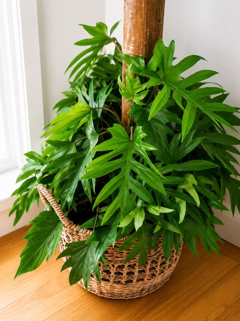 Pu&ograve; includere: Una rigogliosa pianta di Philodendron con foglie profondamente lobate e seghettate che cresce attorno a un palo di legno centrale. La pianta &egrave; contenuta in un cesto rotondo in vimini color cuoio con due manici, mostrando un fogliame denso.