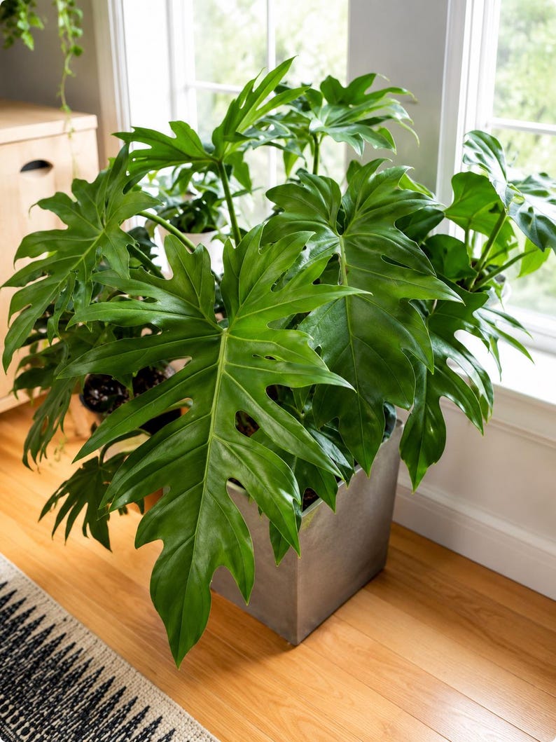 Pu&ograve; includere: Una grande pianta di Philodendron con foglie lobate, verde scuro e lucide, che cresce in un vaso quadrato grigio opaco. La pianta presenta molteplici steli con fogliame ampio e profondamente inciso che si estende verso l'esterno.