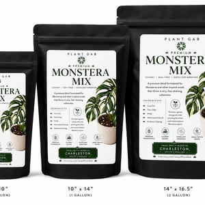 May include: Three black stand-up pouches of Plant Gab Premium Monstera Mix in sizes 7" x 10" (1/2 gallon), 10" x 14" (1 gallon), and 14" x 16.5" (2 gallon). Each label features a variegated monstera plant and lists ingredients like coco coir.