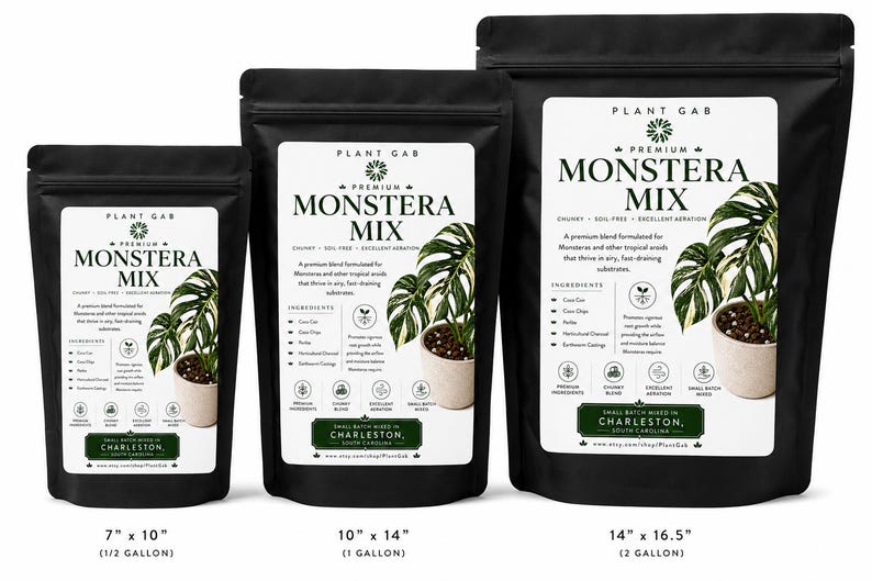 May include: Three black stand-up pouches of Plant Gab Premium Monstera Mix in sizes 7" x 10" (1/2 gallon), 10" x 14" (1 gallon), and 14" x 16.5" (2 gallon). Each label features a variegated monstera plant and lists ingredients like coco coir.