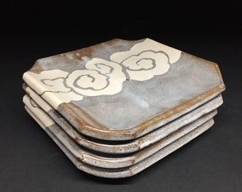 Square Nezumi Shino Plates with Cloud Design