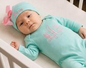 Baby Girl Romper — Mint with Hat, Personalized Name Embroidery, Baby Girl Clothes, Going Home Outfit, Baby Girl Gift
