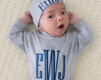 Newborn Boy Coming Home Outfit with Embroidered Monograms