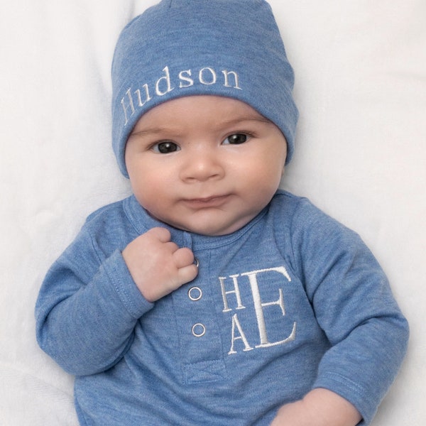 Newborn Boy Coming Home Outfit Baby Boy Embroidered Monogram Hospital Outfit Personalized Onesie Blue