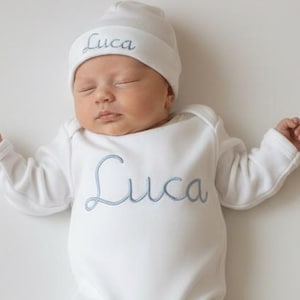 Baby Sleeper — White Baby Boy with Mittens, Custom Embroidered Name, Going Home Outfit, Baby Boy Outfit, Christening Gift
