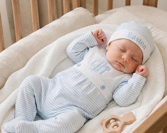 Baby Sleeper — Pima Cotton Baby Boy with Hat and Mittens, Custom Embroidered Name, Newborn Boy Gift, Baby Romper, Baby Announcement Gift