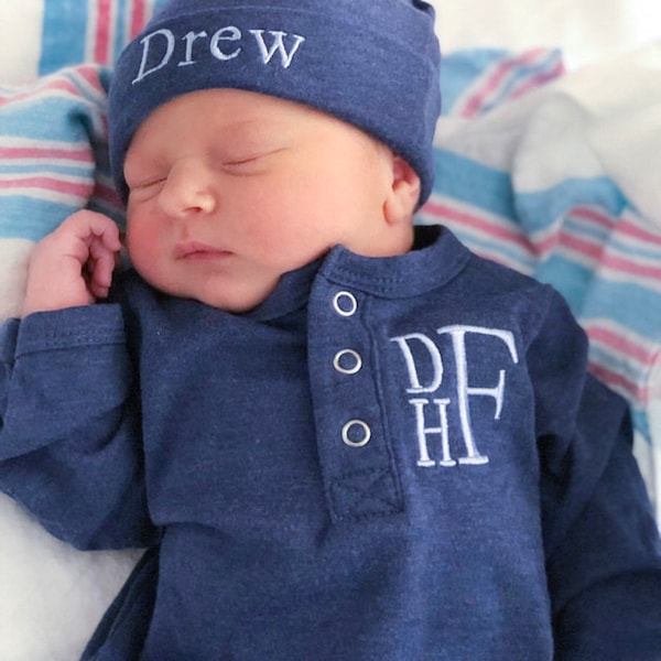 Newborn Boy Coming Home Outfit Baby Boy Embroidered Monogram Hospital Outfit Personalized Onesie Blue