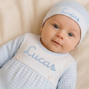 Baby Sleeper — Gingham Pima Cotton Baby Boy with Hat, Custom Embroidered Name, Baby Announcement Gift, Baptism Gift, Keepsake Gift