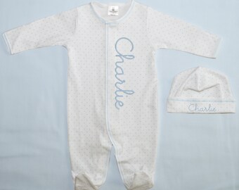 Baby boy coming home outfit, Monogrammed footie romper, Personalized Baby gift, sleeper, newborn pictures, blue tiny stripe bib front footie