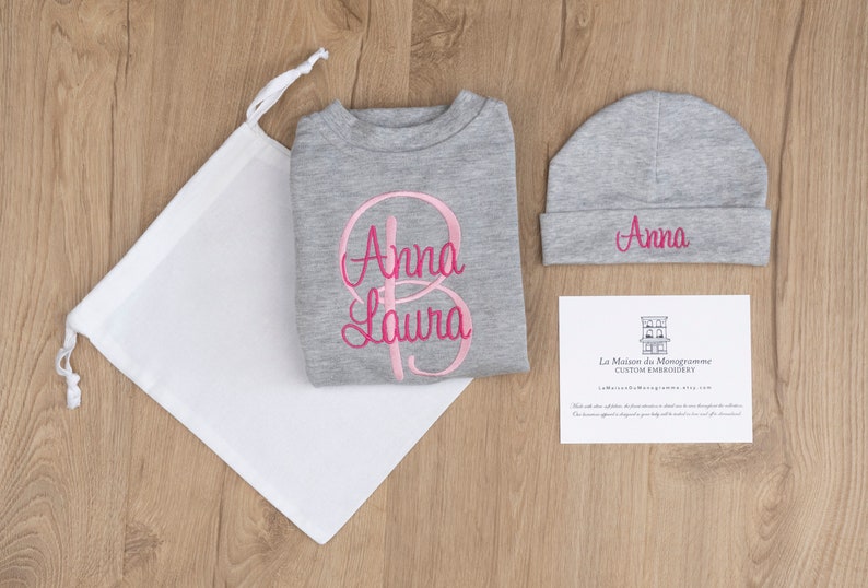 Newborn Girl Coming Home Outfit with Embroidered Monograms Pink
