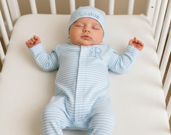 Coming Home Outfit — Pima Cotton Baby Boy Zipper Footie with Hat, Personalized Name Embroidery, Going Home Outfit, Baby Boy Clothes