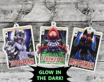 Cryptids: Dogman, Flatwoods Monster, Mothman - 2.5 inch Glow-in-the-Dark Acrylic Keychain
