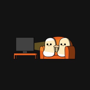 May include: A cartoon illustration depicts two smiling bean-shaped characters on an orange couch, watching TV. They are holding a popcorn container. A small orange table holds the TV. The background is black.