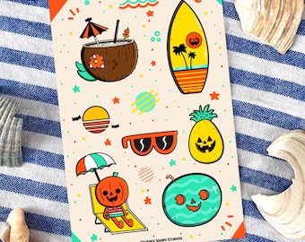 Hoja de pegatinas Summerween: Pegatinas espeluznantes de Halloween tropical