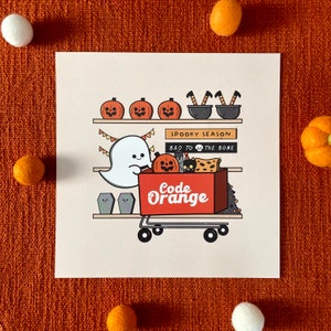 May include: A white ghost with a friendly face is shopping for Halloween treats at a store called "Code Orange". The store is decorated with pumpkins, cauldrons, and a sign that says "Spooky Season Bad to the Bone".